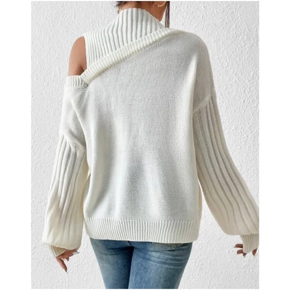 Cozy Cream Cut out Shoulder Oversized Sweater Top - Picture 4 of 5